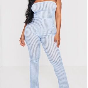 PrettyLittleThing Light Blue Textured Flare Strapless Jumpsuit